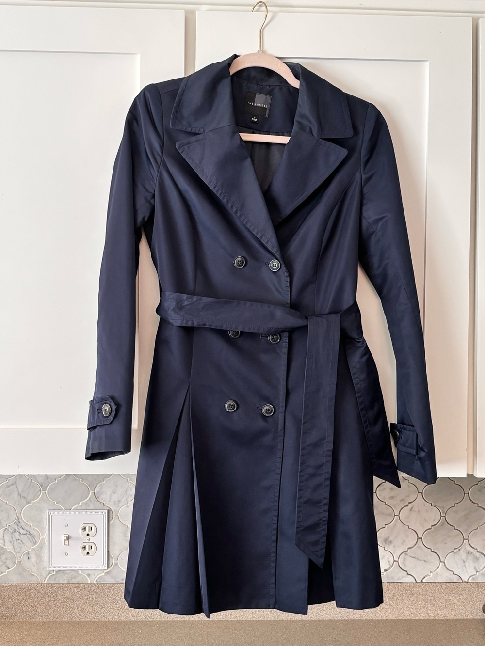The Lumited Midnight Navy Double-Breasted Belted Trench Coat with pleats